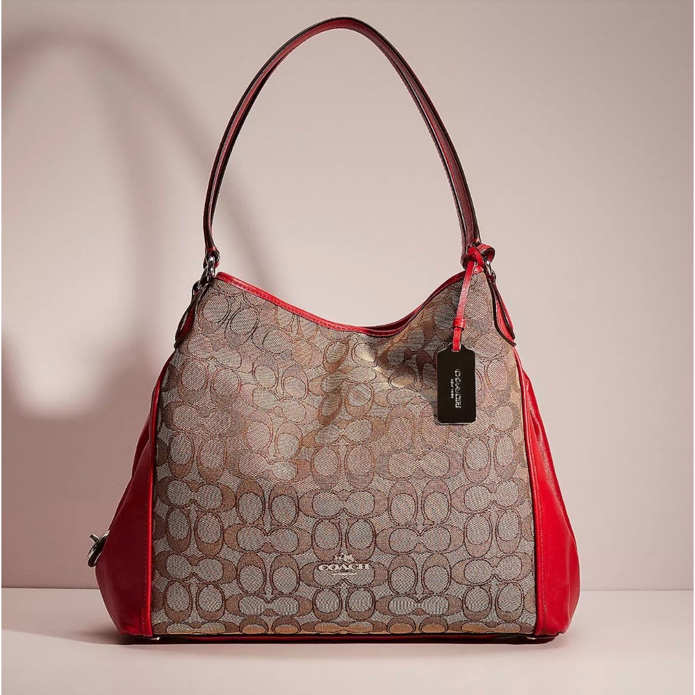 Coach Signature Jacquard Edie Shoulder Bag Silver Tag Khaki True Red